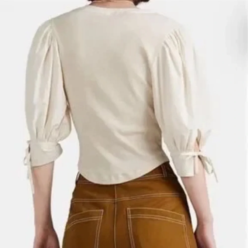 Ulla Johnson Pia Melange Rib-Knit Top Cream Buttoned V-Neck Blouse. Size M
